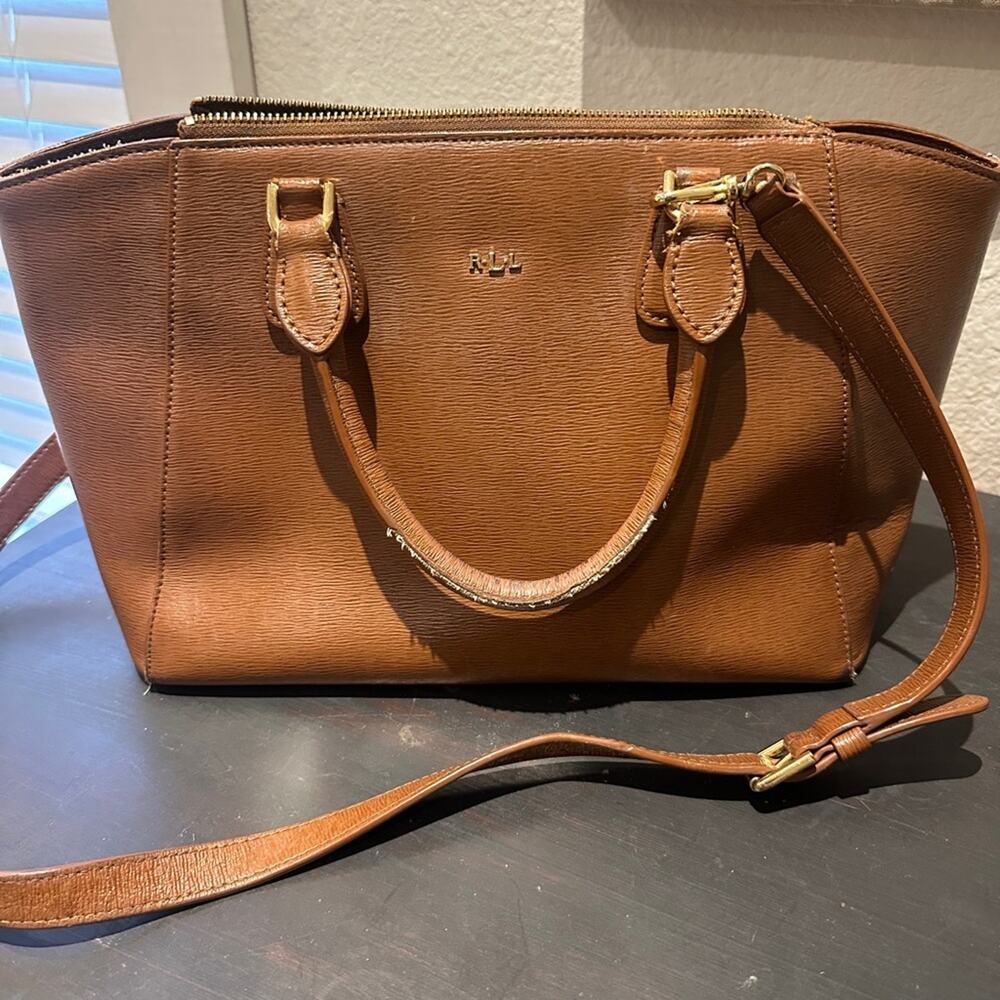 Lauren Ralph Lauren Brown Cognac Tan Leather Satchel Purse Crossbody Strap